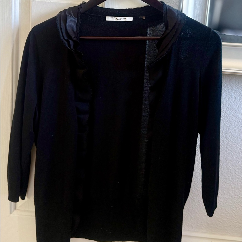 Tahari Petite Black Cardigan with Ruffle Trim - women’s petite size small